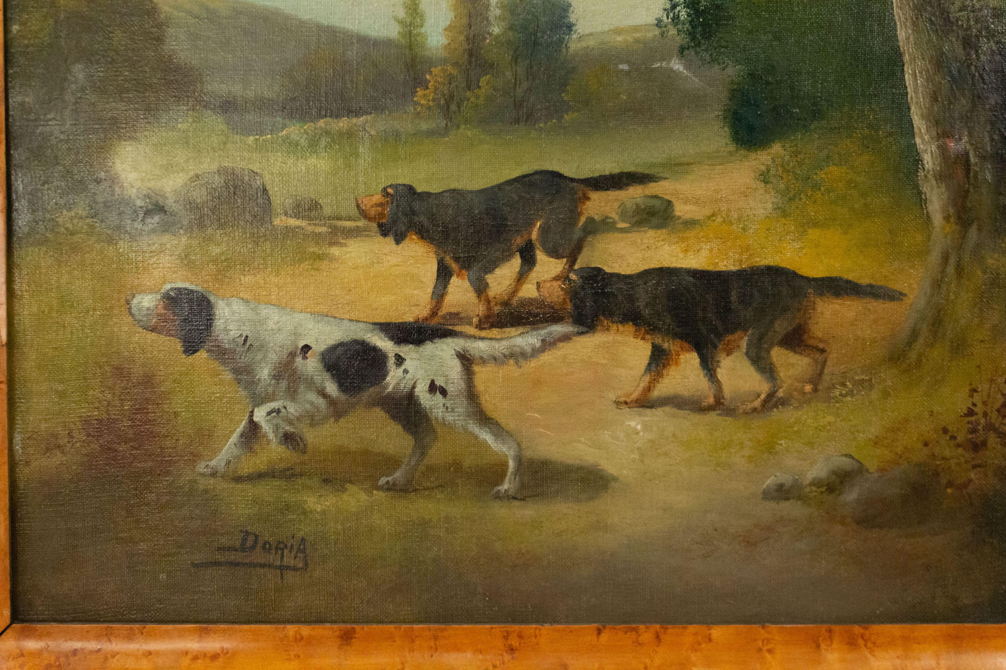 English Victorian Country style maple framed oil painting of 3 dogs hunting (pointers) (signed DORIA).
 