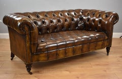 20th Century English Victorian Hand Dyed Cigar Brown Leather Chesterfield Sofa