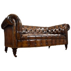 20th Century English Victorian Hand Dyed Cigar Brown Leather Chesterfield Sofa