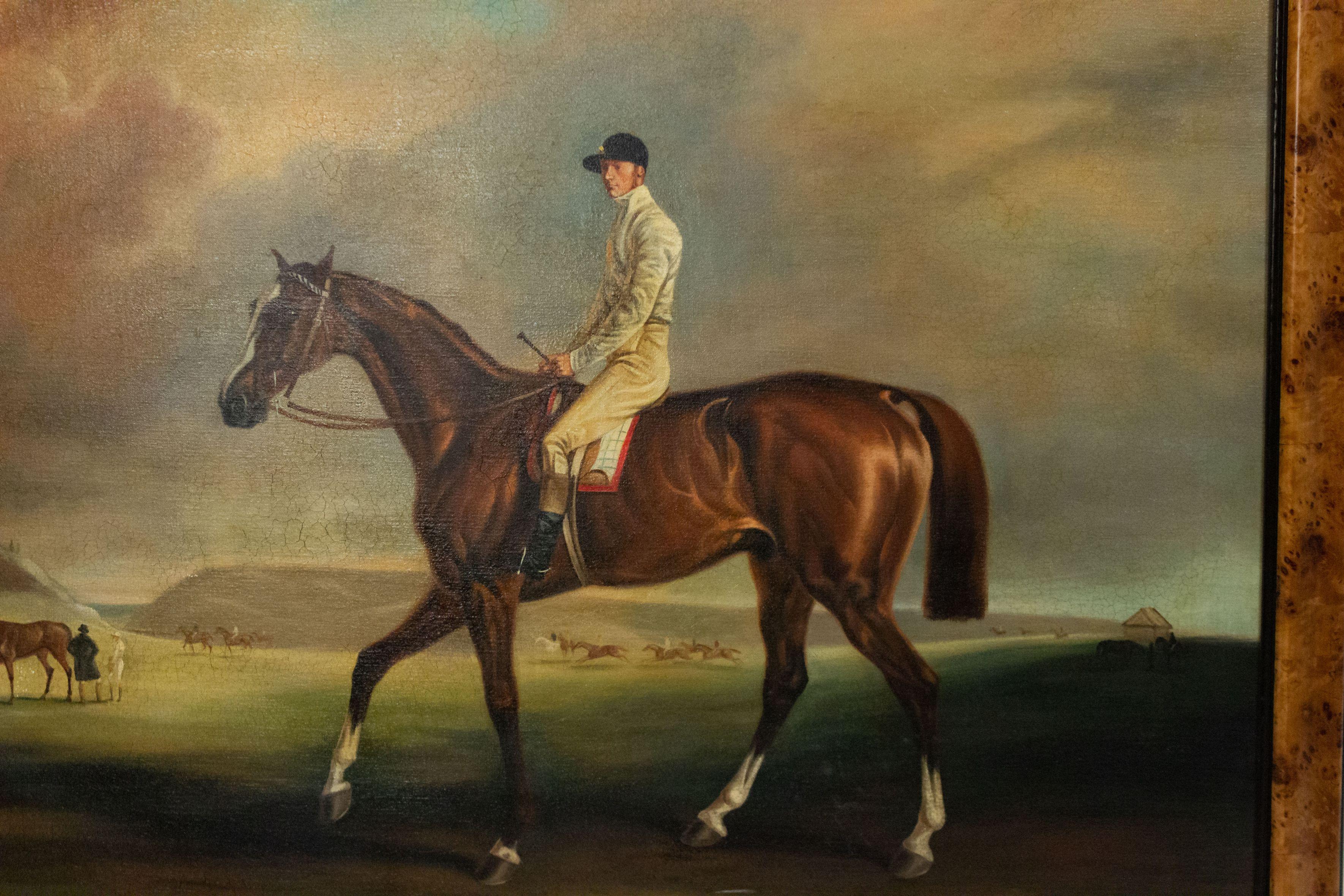 English Victorian style burl walnut framed oil painting of jockey on horse.
 