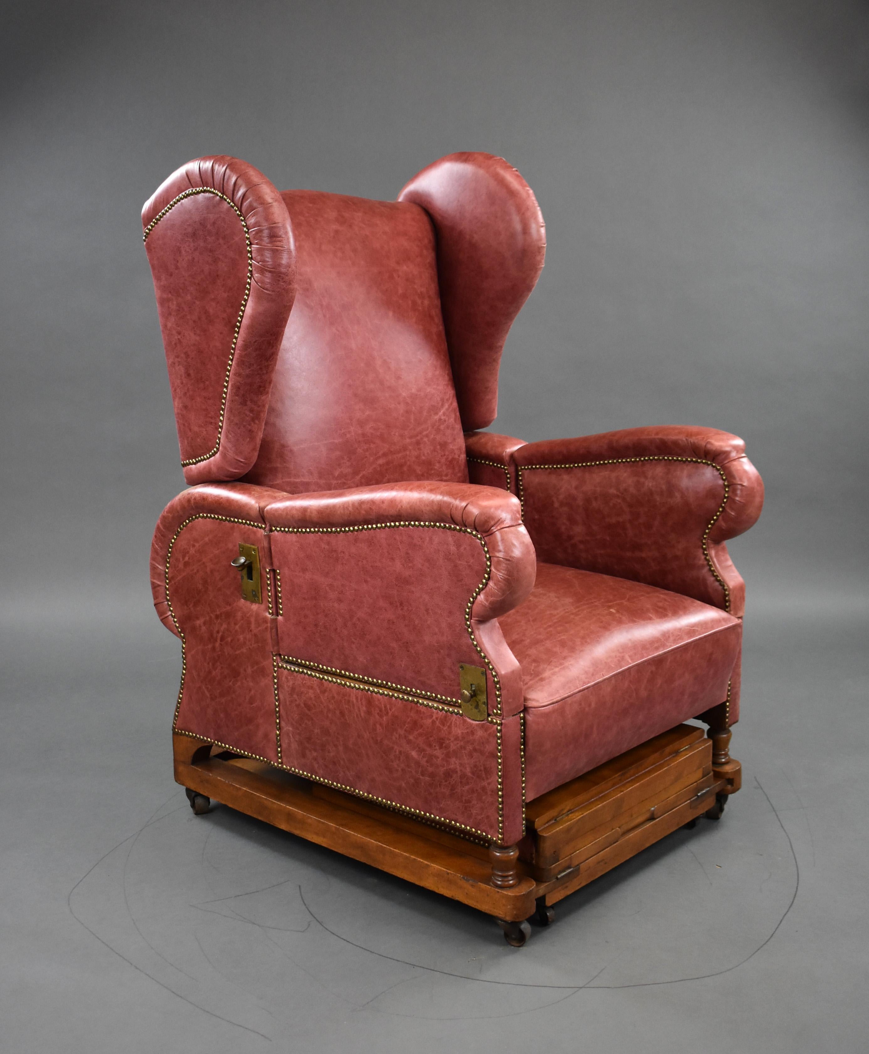 For sale is a good quality antique leather reclining chair by J Foot & Sons Ltd. The chair remains in very good condition and is fully operational, showing signs of historic woodworm the bottom of the frame. 

Size: Width: 78cm Depth: 86cm Height: