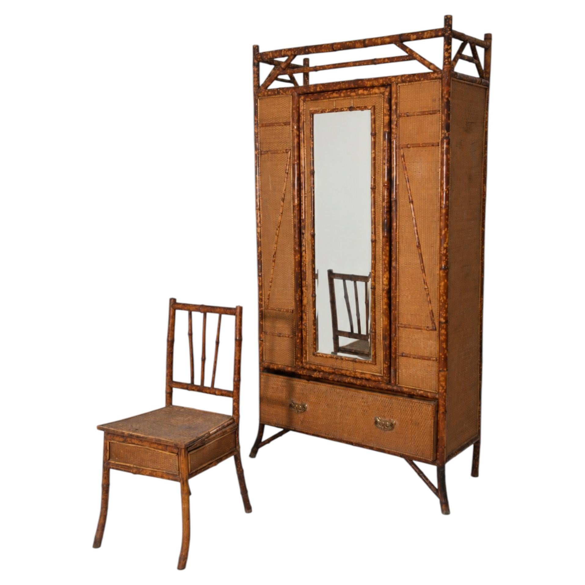20th-century English Victorian-style bamboo and rattan wardrobe with chair For Sale