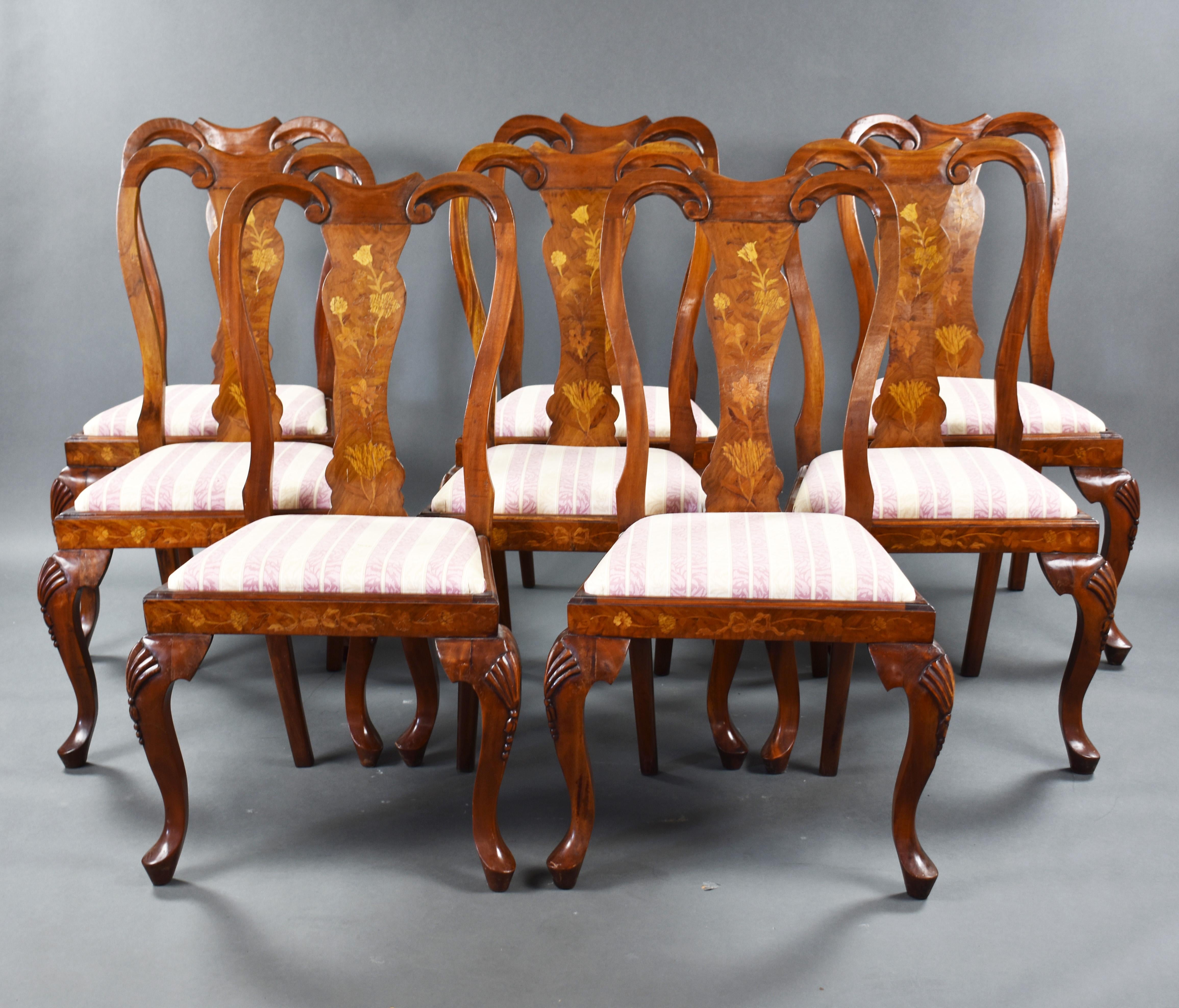Runder englischer Esstisch aus Nussbaum mit Intarsien aus dem 20. Jahrhundert und 8 Stühlen im Angebot 4
