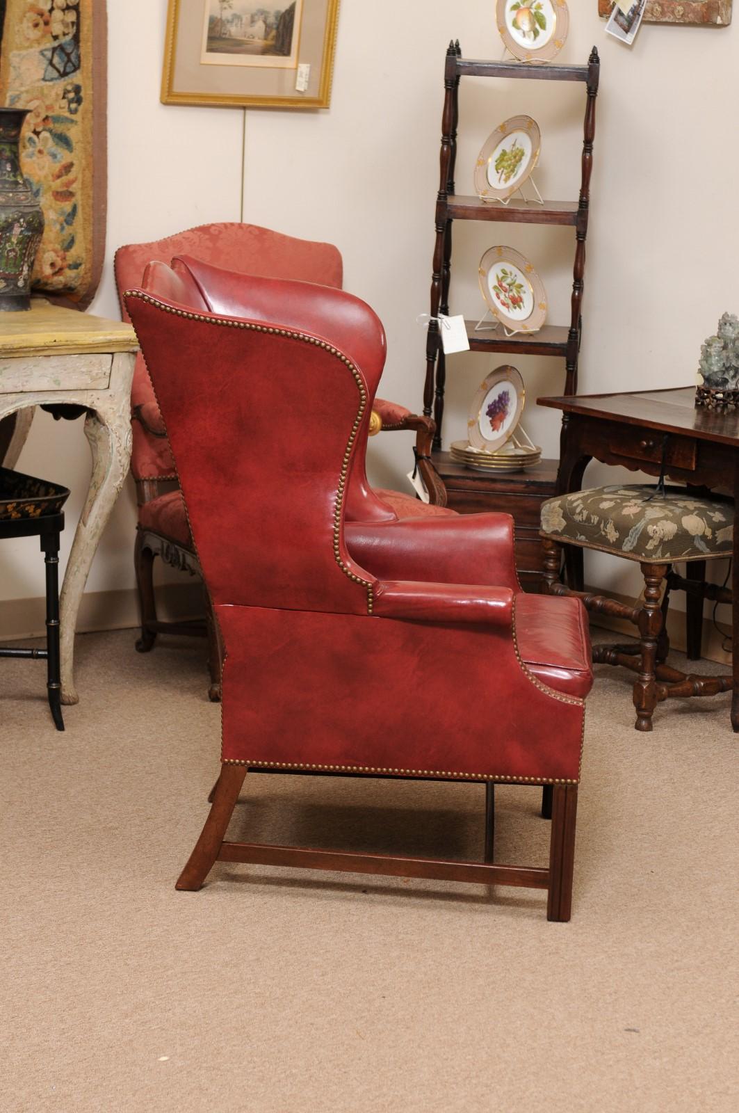 20th Century English Wing Chair in Mahogany & Red Leather Upholstery with Brass  For Sale 6