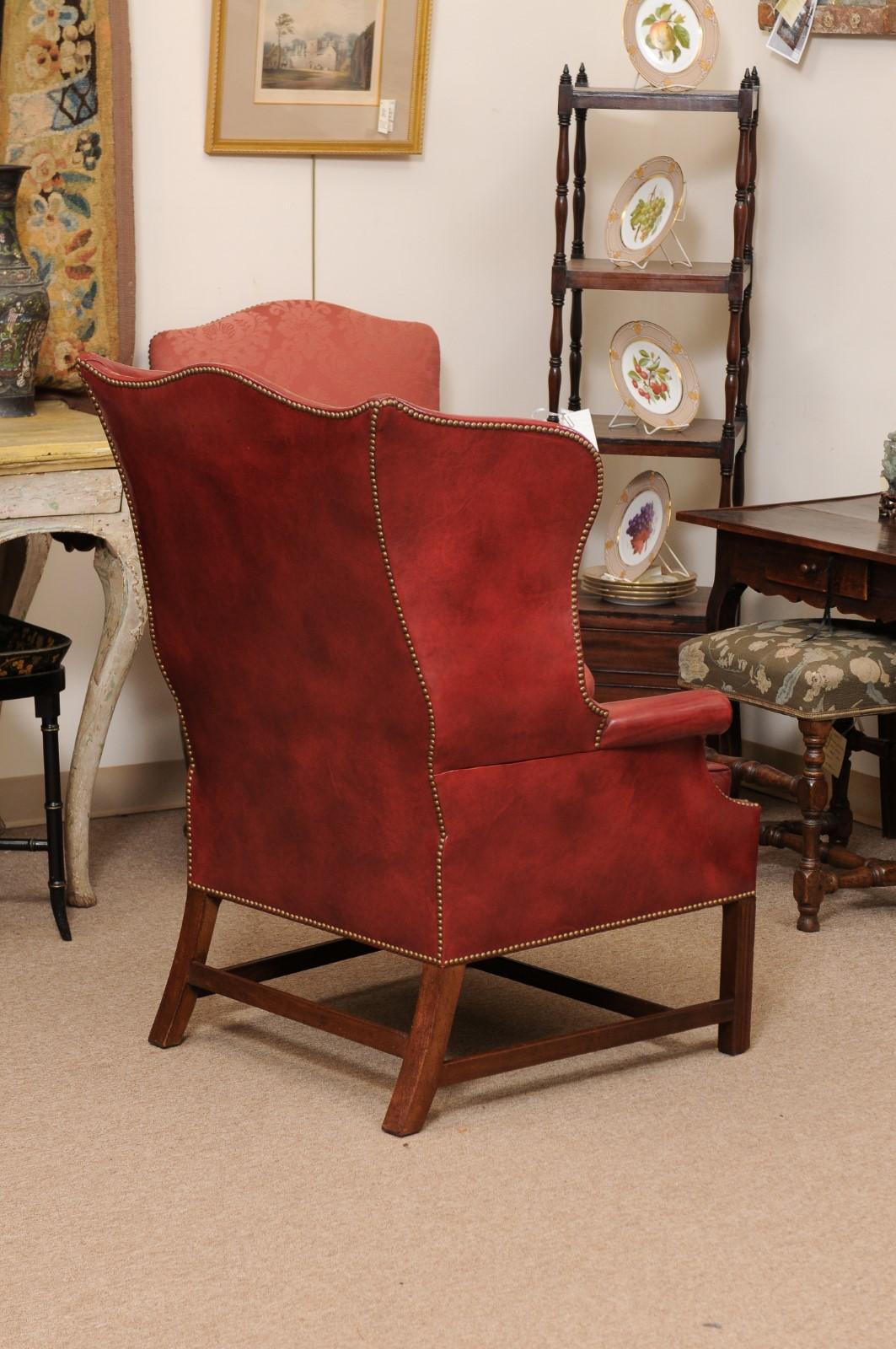 20th Century English Wing Chair in Mahogany & Red Leather Upholstery with Brass  For Sale 7