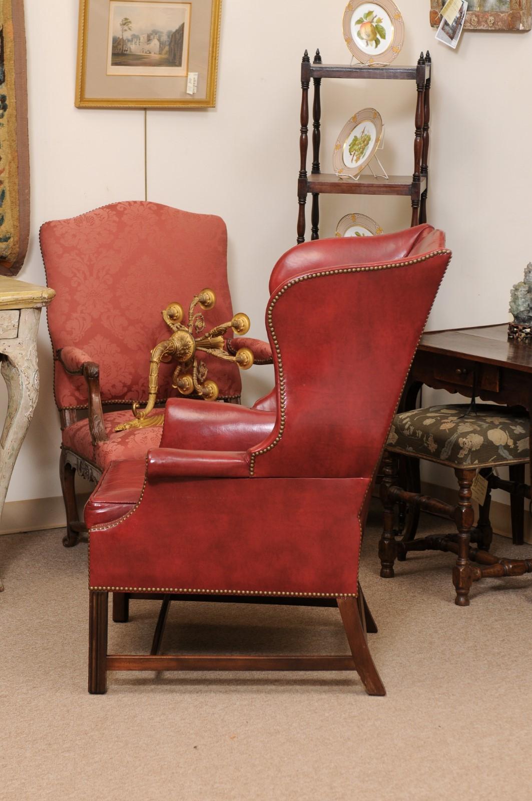 19th Century 20th Century English Wing Chair in Mahogany & Red Leather Upholstery with Brass  For Sale