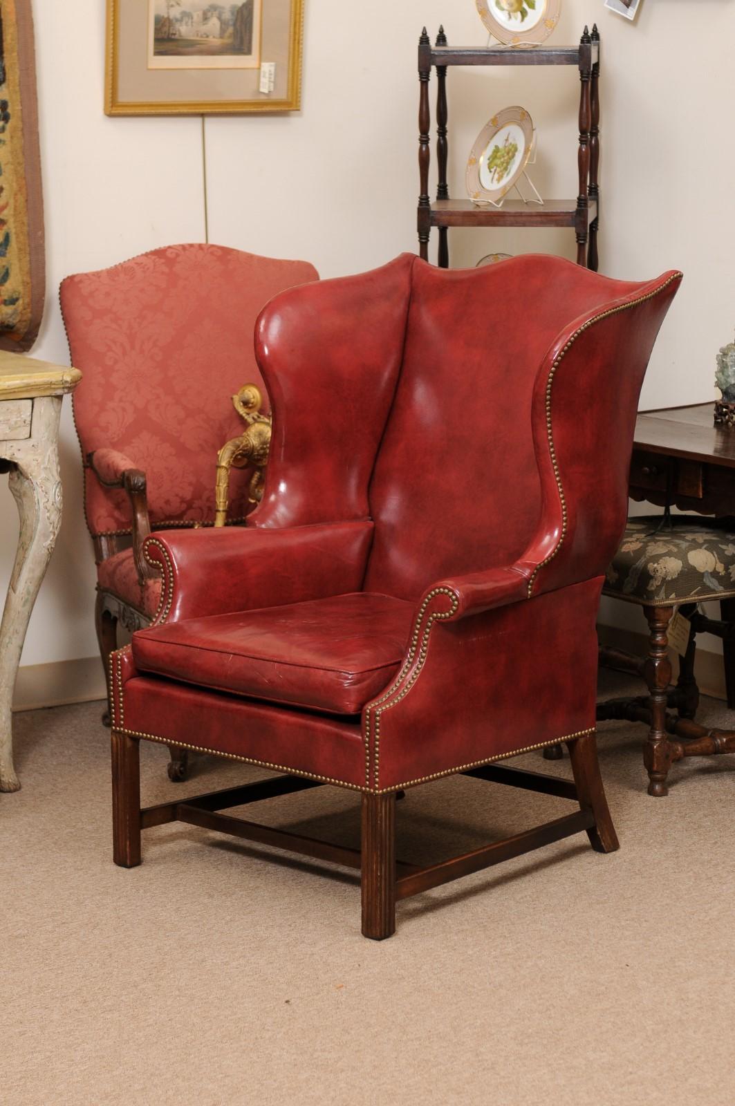 20th Century English Wing Chair in Mahogany & Red Leather Upholstery with Brass  For Sale 1