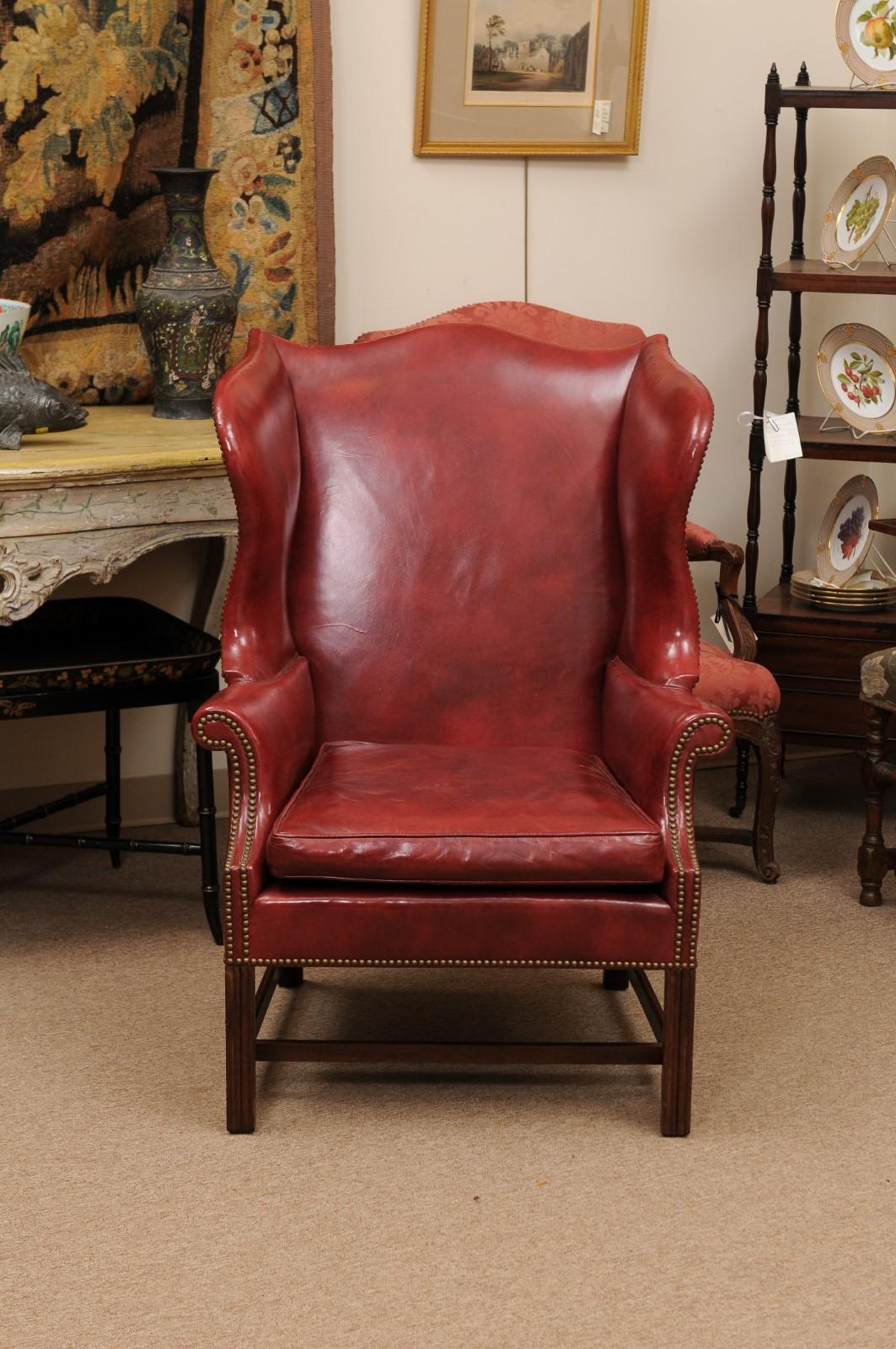 20th Century English Wing Chair in Mahogany & Red Leather Upholstery with Brass  For Sale 2