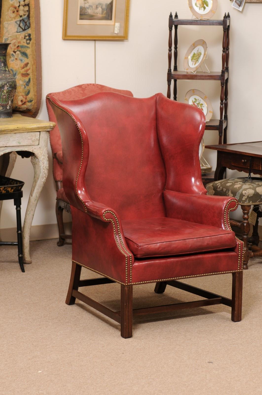 20th Century English Wing Chair in Mahogany & Red Leather Upholstery with Brass  For Sale 3