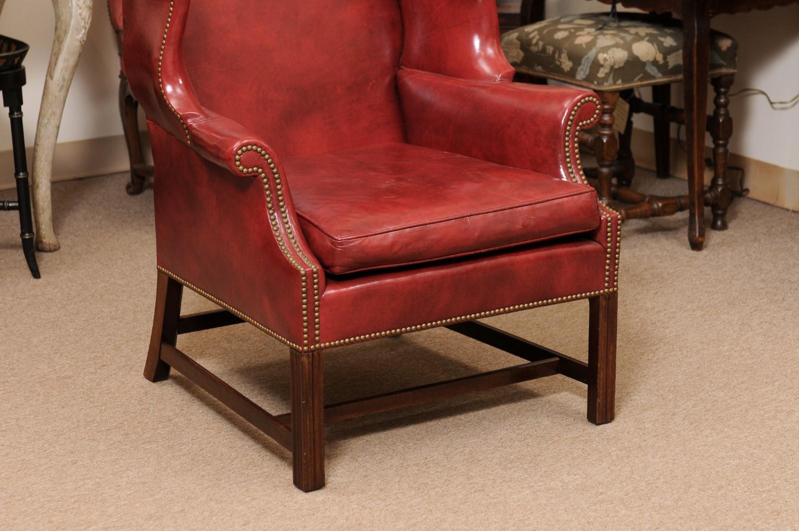 20th Century English Wing Chair in Mahogany & Red Leather Upholstery with Brass  For Sale 4