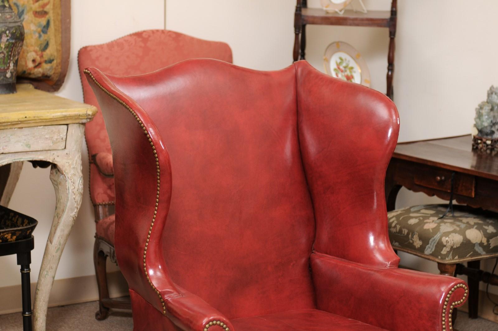 20th Century English Wing Chair in Mahogany & Red Leather Upholstery with Brass  For Sale 5