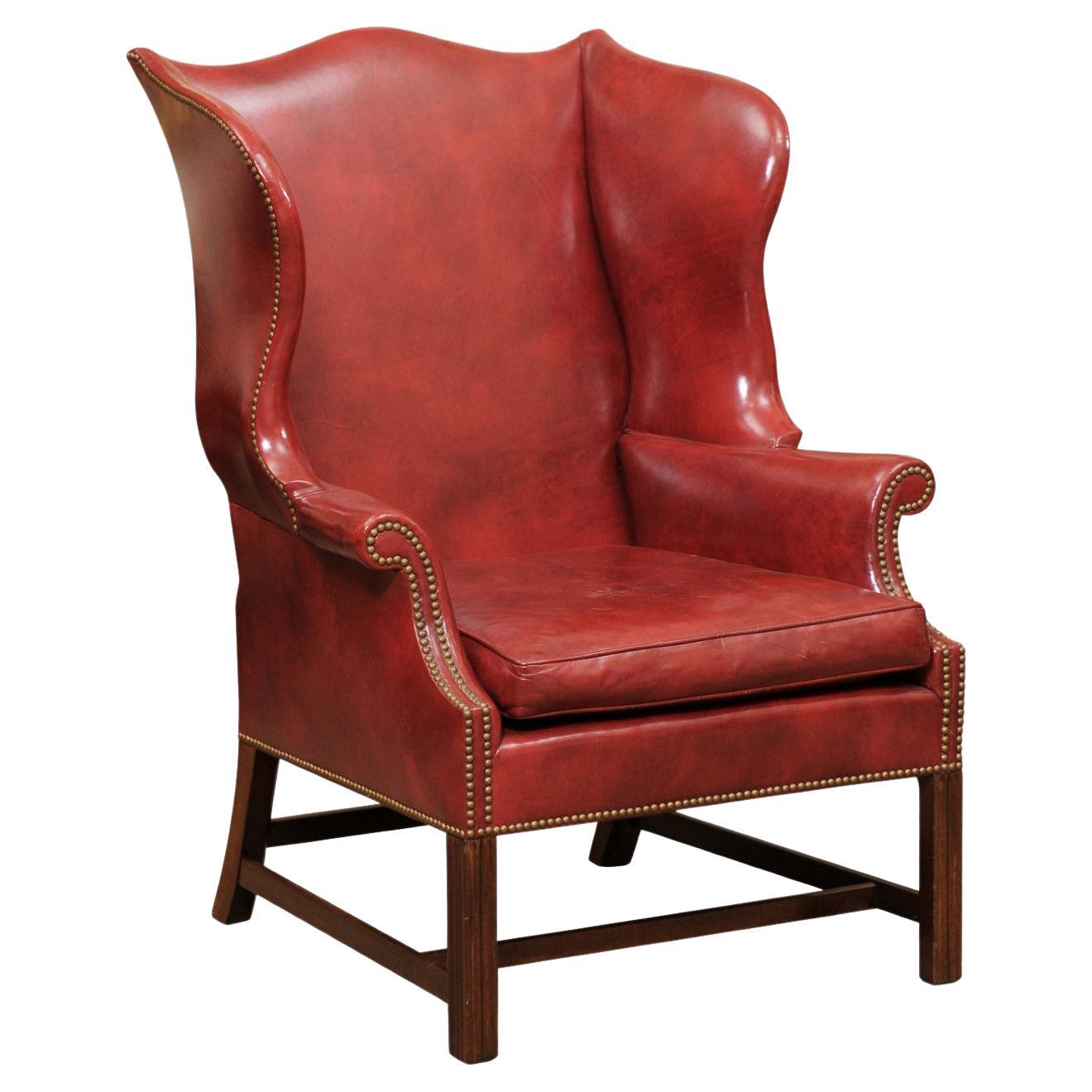 20th Century English Wing Chair in Mahogany & Red Leather Upholstery with Brass  For Sale