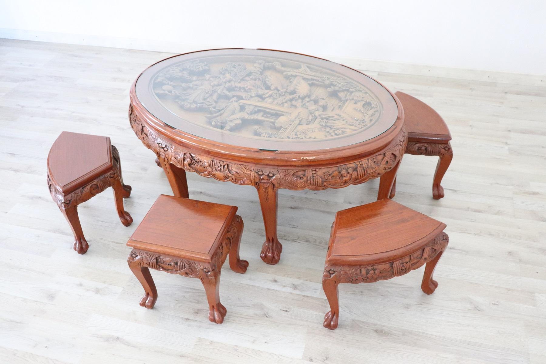 20th Century English Wood Carved Chinoiserie Coffee Table with Six Stools 5