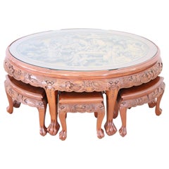 20th Century English Wood Carved Chinoiserie Coffee Table with Six Stools