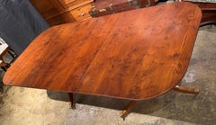 20th Century English Yew Wood Double Pedestal Dining Table with One Leaf