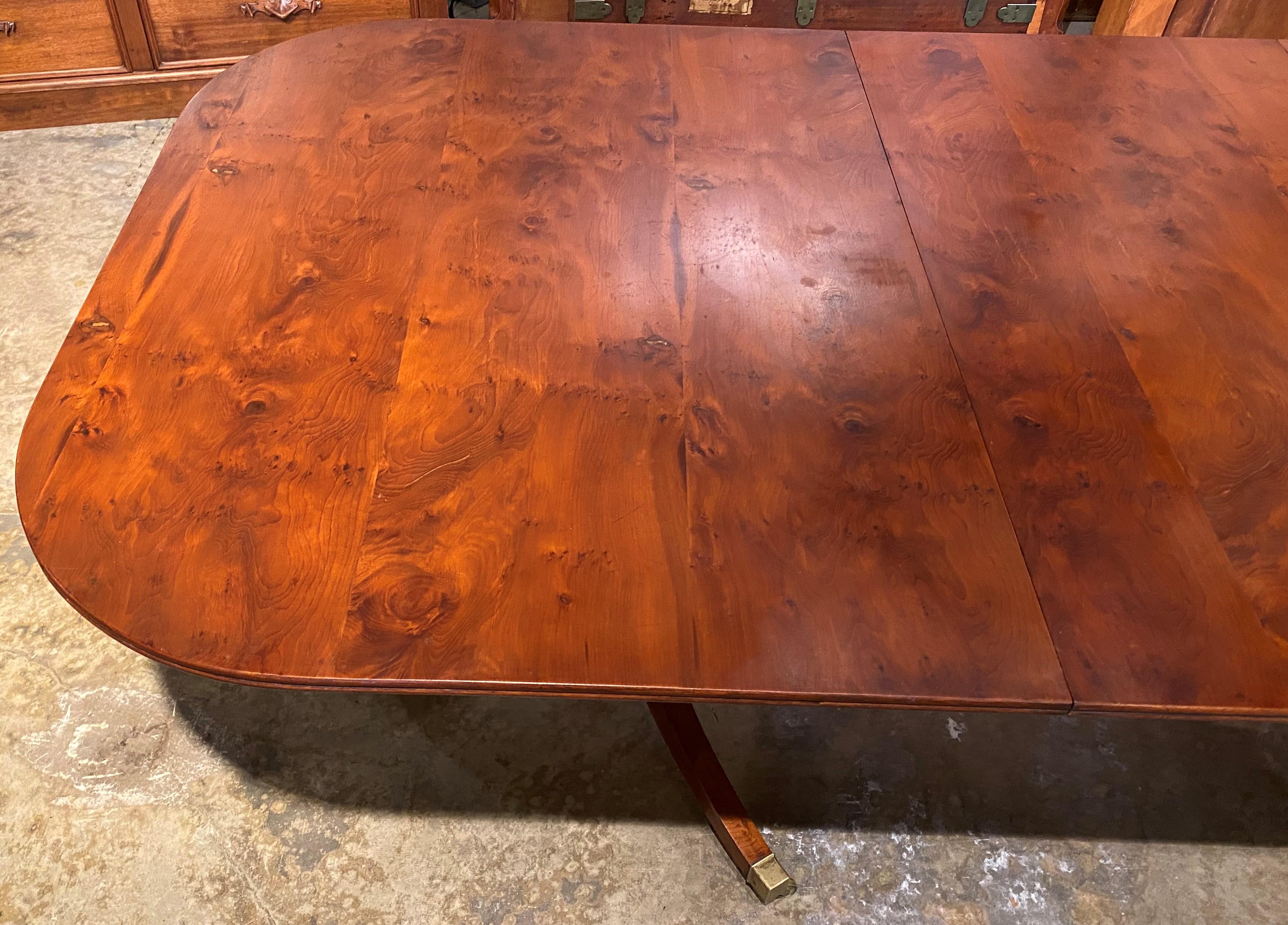 Hand-Carved 20th Century English Yew Wood Double Pedestal Dining Table with One Leaf