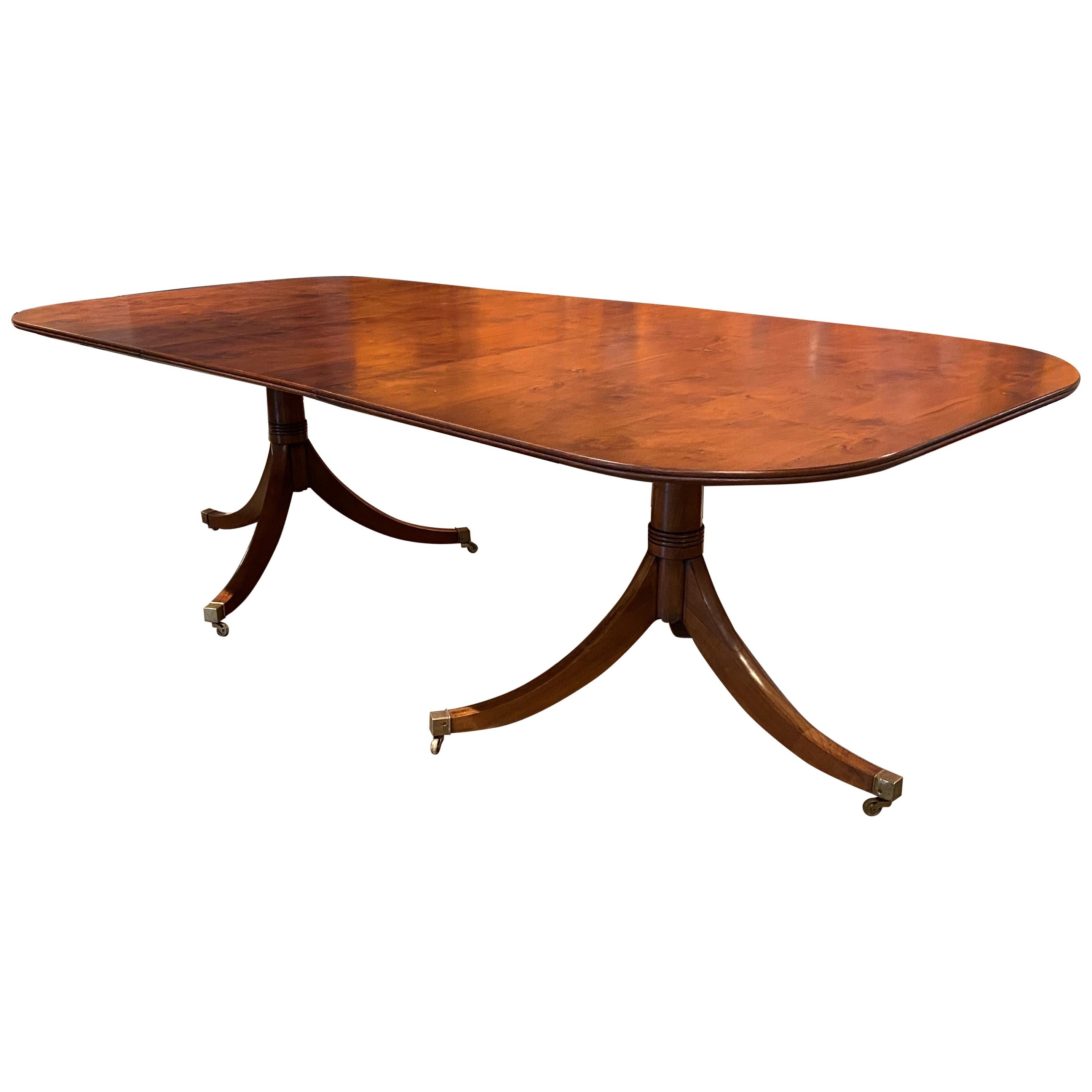20th Century English Yew Wood Double Pedestal Dining Table with One Leaf