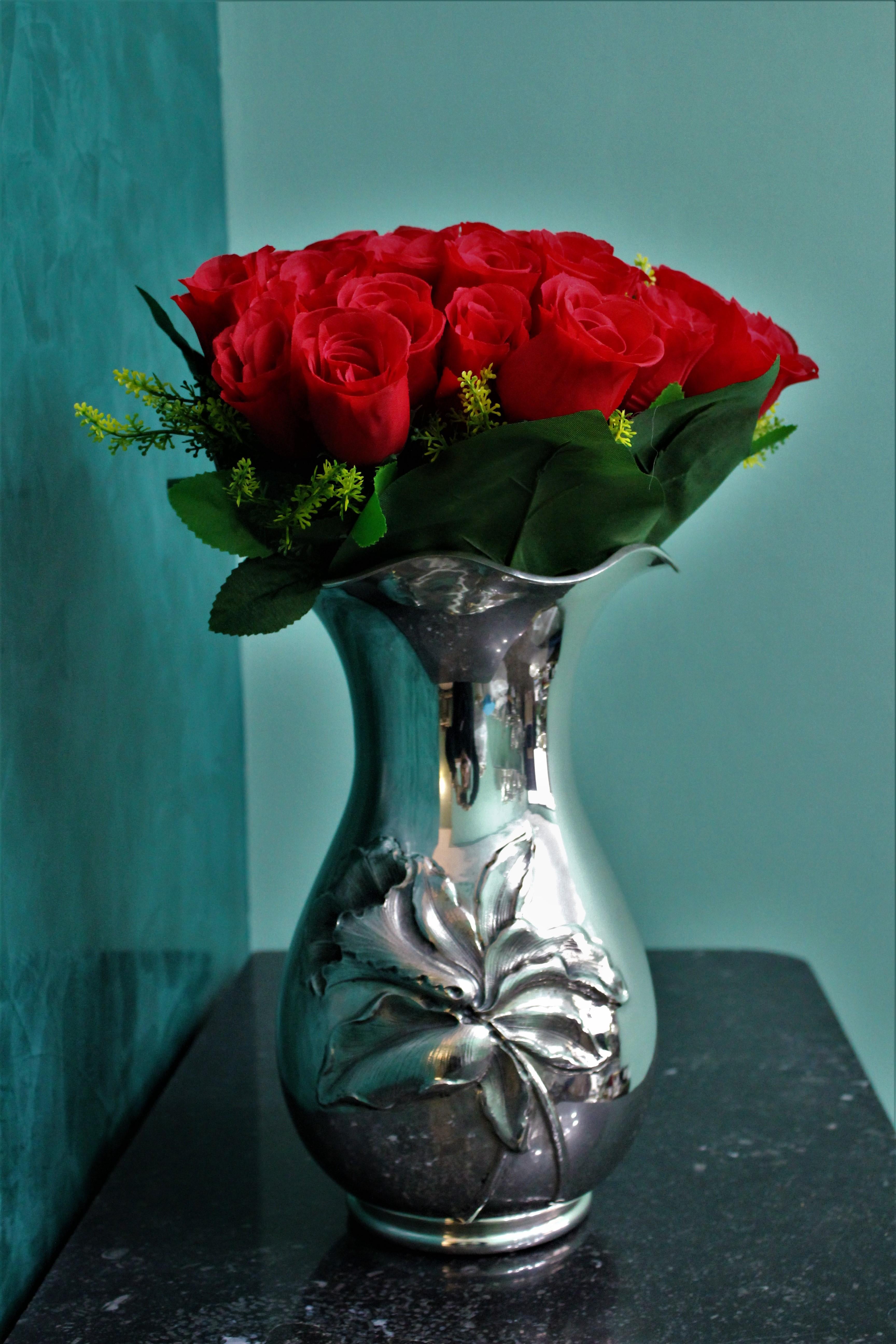 Mid-20th Century 20th Century Engraved Italian Silver Flower Vase, 1950s For Sale