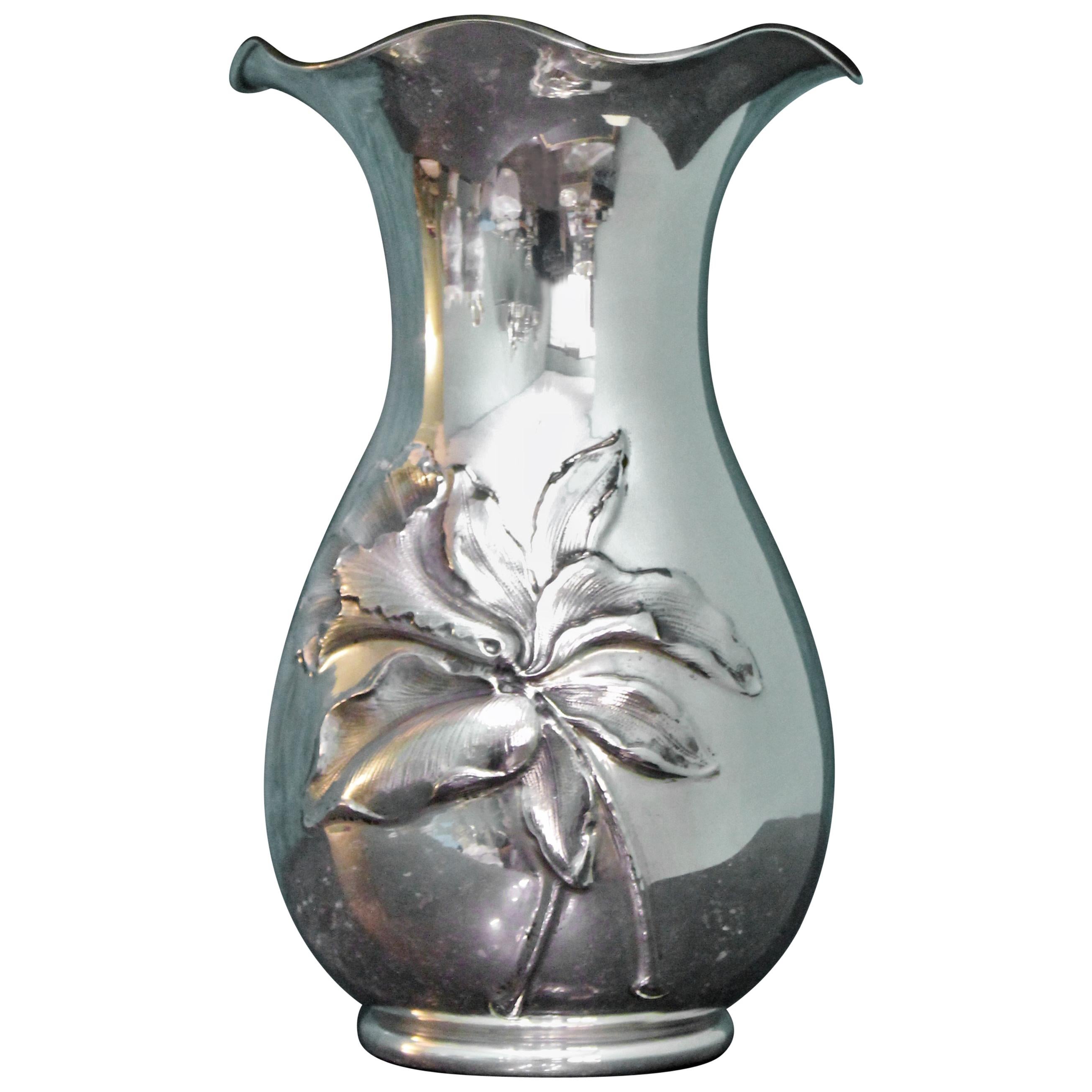 20th Century Engraved Italian Silver Flower Vase, 1950s For Sale