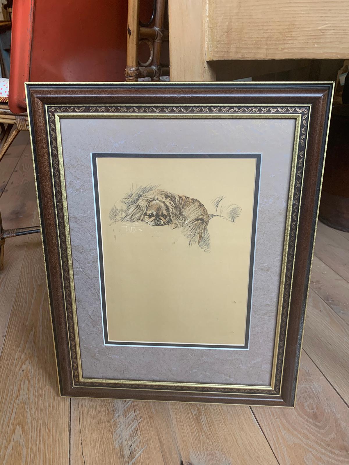 20th century engraving of Pekingese in giltwood frame, unsigned.