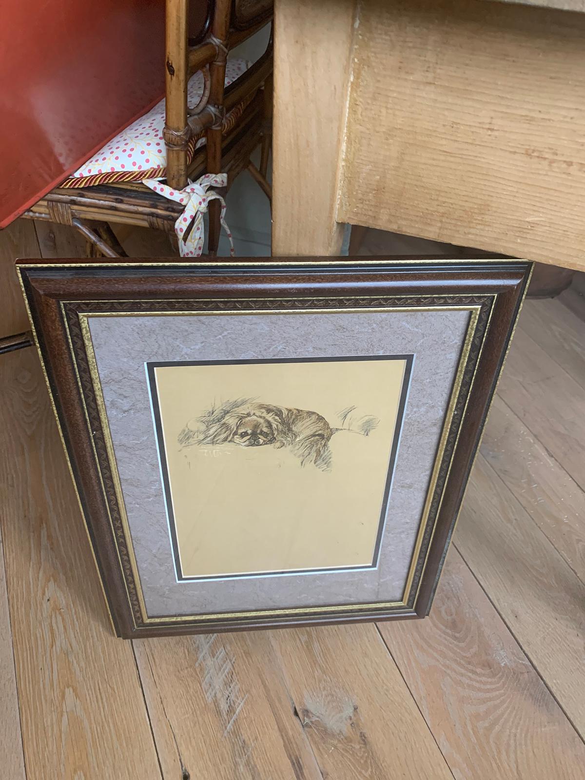 Paper 20th Century Engraving of Pekingese in Giltwood Frame, Unsigned