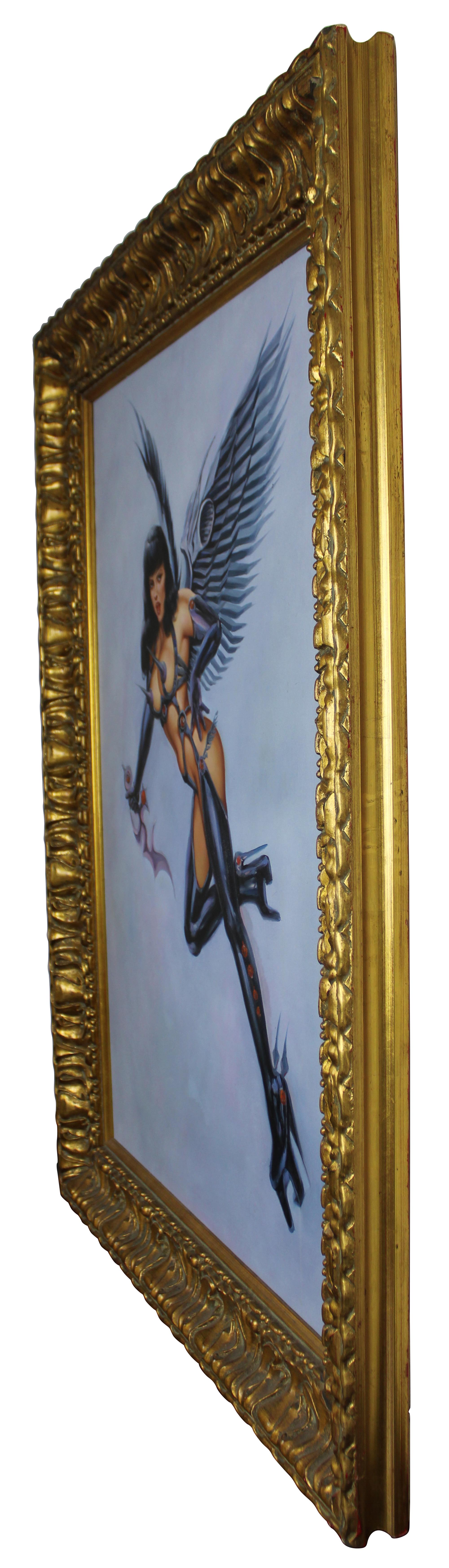20th century erotic angel original oil painting. Features a woman scantily clad in latex armour holding a dagger. Unsigned. Framed in ornate gold. Measure: 44