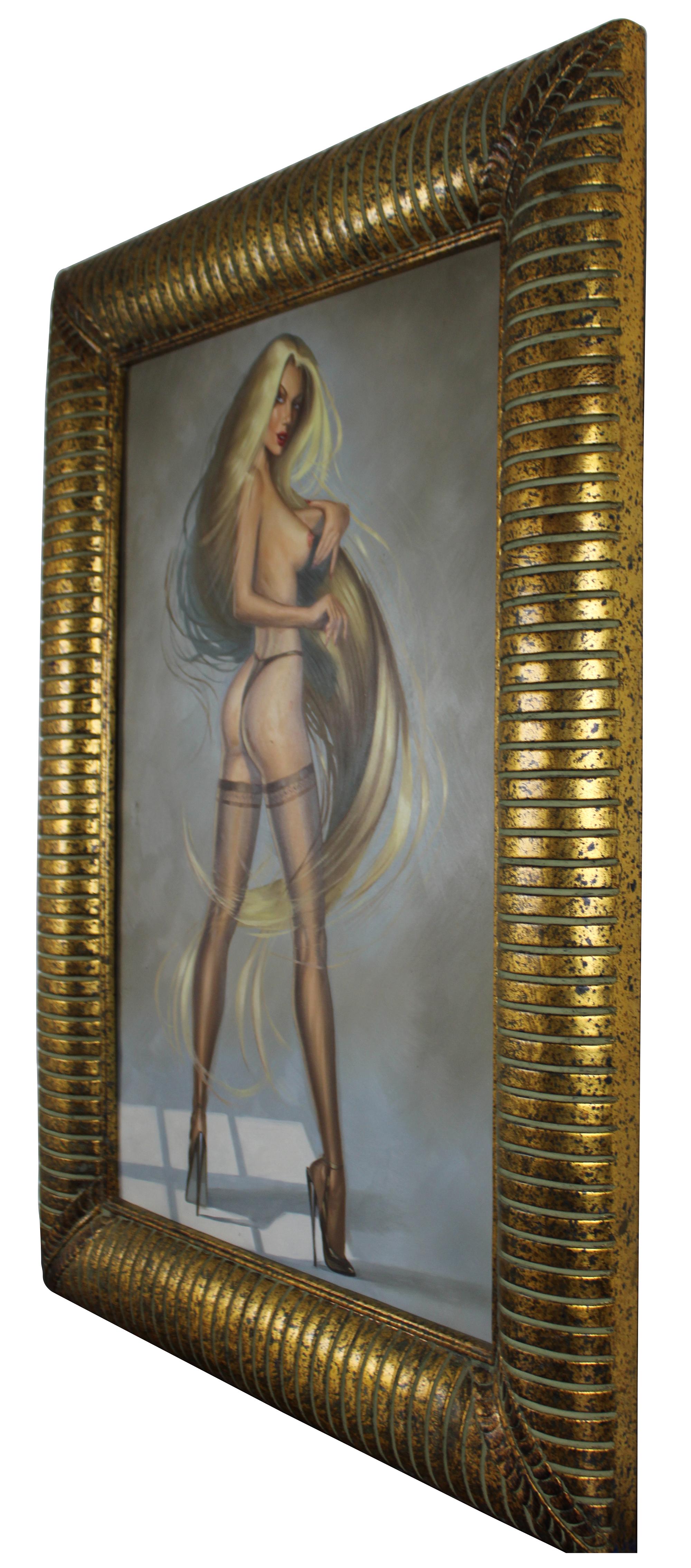 20th century erotic woman oil painting. Features a blonde woman with long flowing hair, dressed in lingerie and high heels. Framed in gold. Unsigned.

Measures: Sans frame 23.5