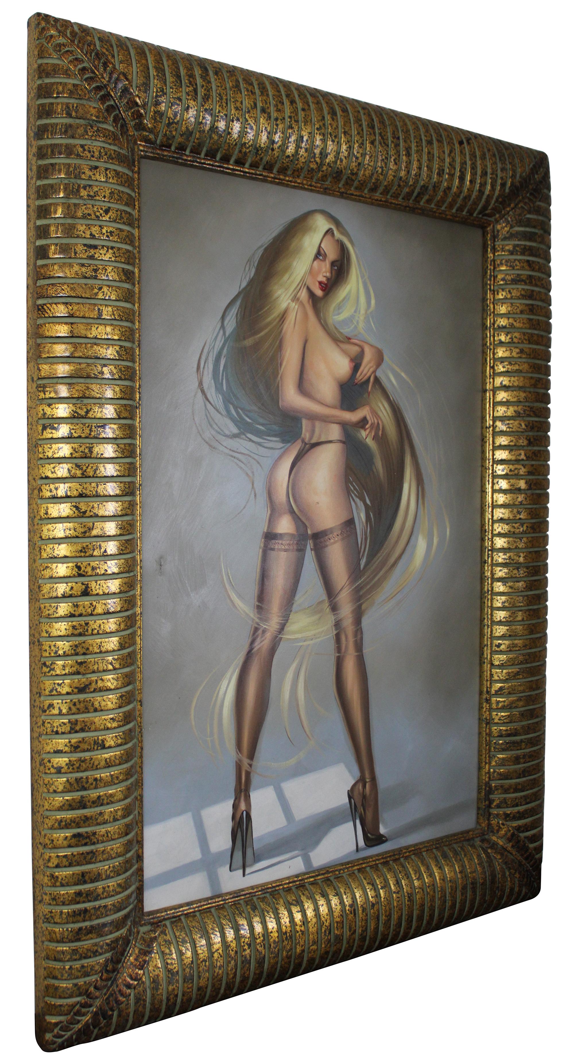 erotische Nackte Blonde Frau mit Fantasieabsatz, Ölgemälde, 20. Jahrhundert (Moderne) im Angebot