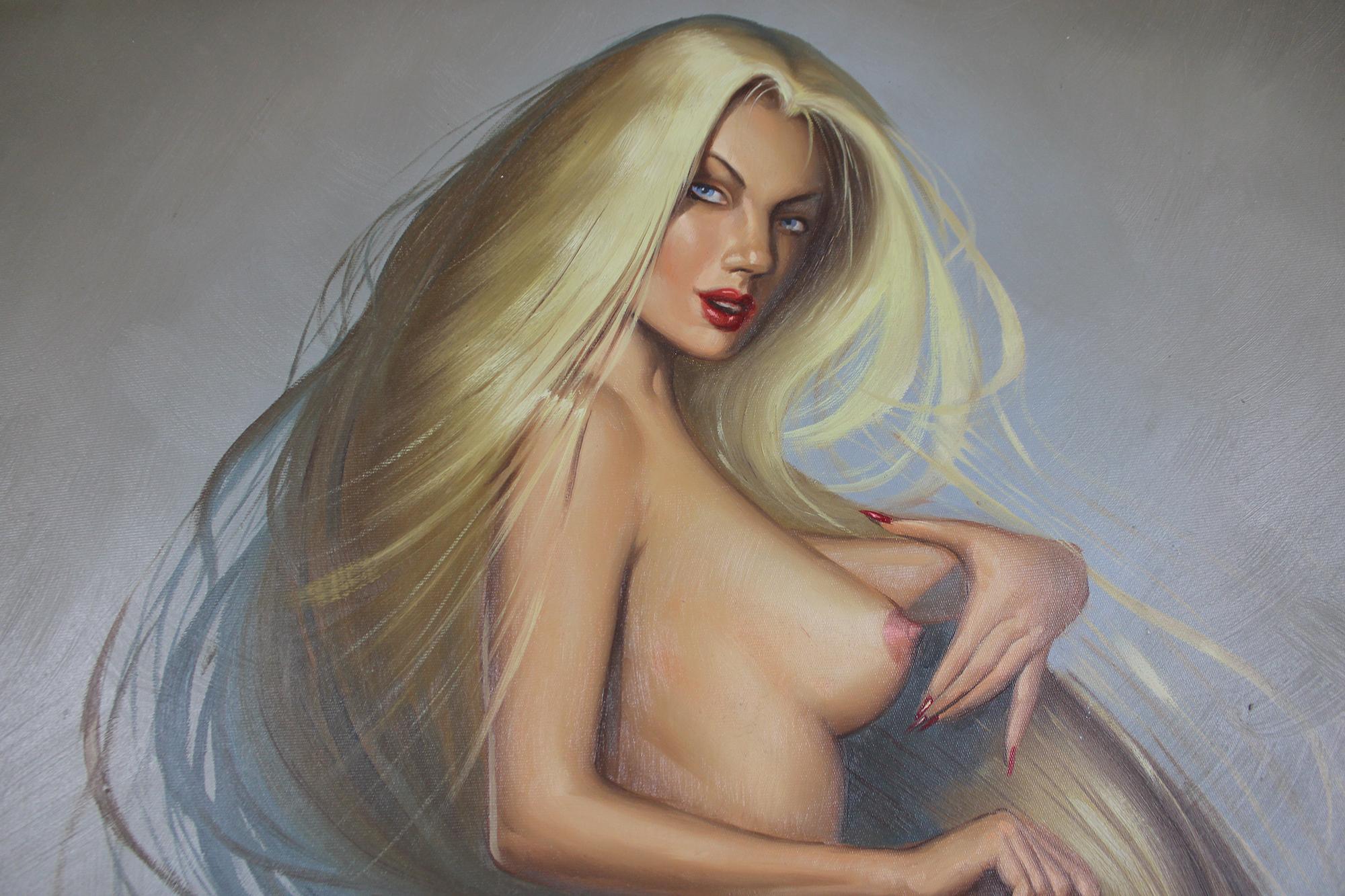 erotische Nackte Blonde Frau mit Fantasieabsatz, Ölgemälde, 20. Jahrhundert (Leinwand) im Angebot