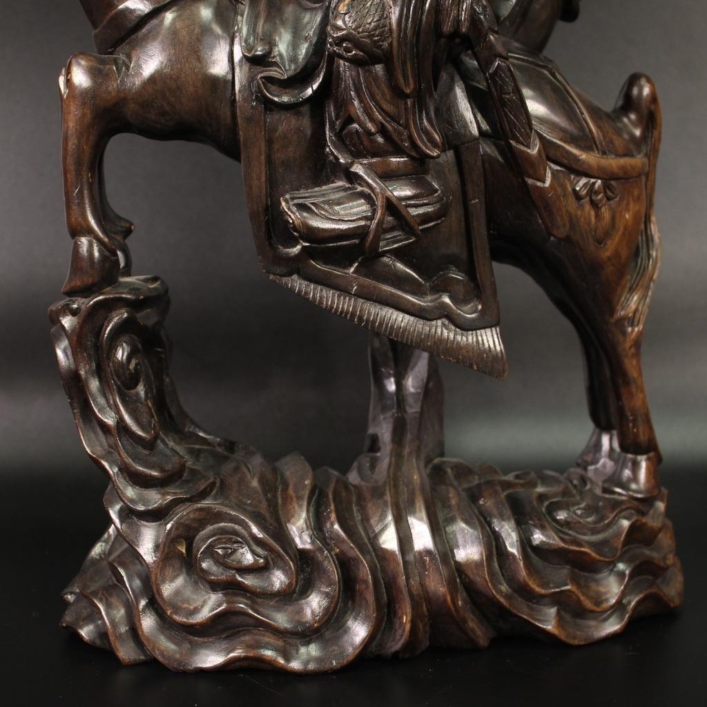 Chinese 20th Century Exotic Wood Warrior with Horse Oriental Sculpture, 1940s For Sale