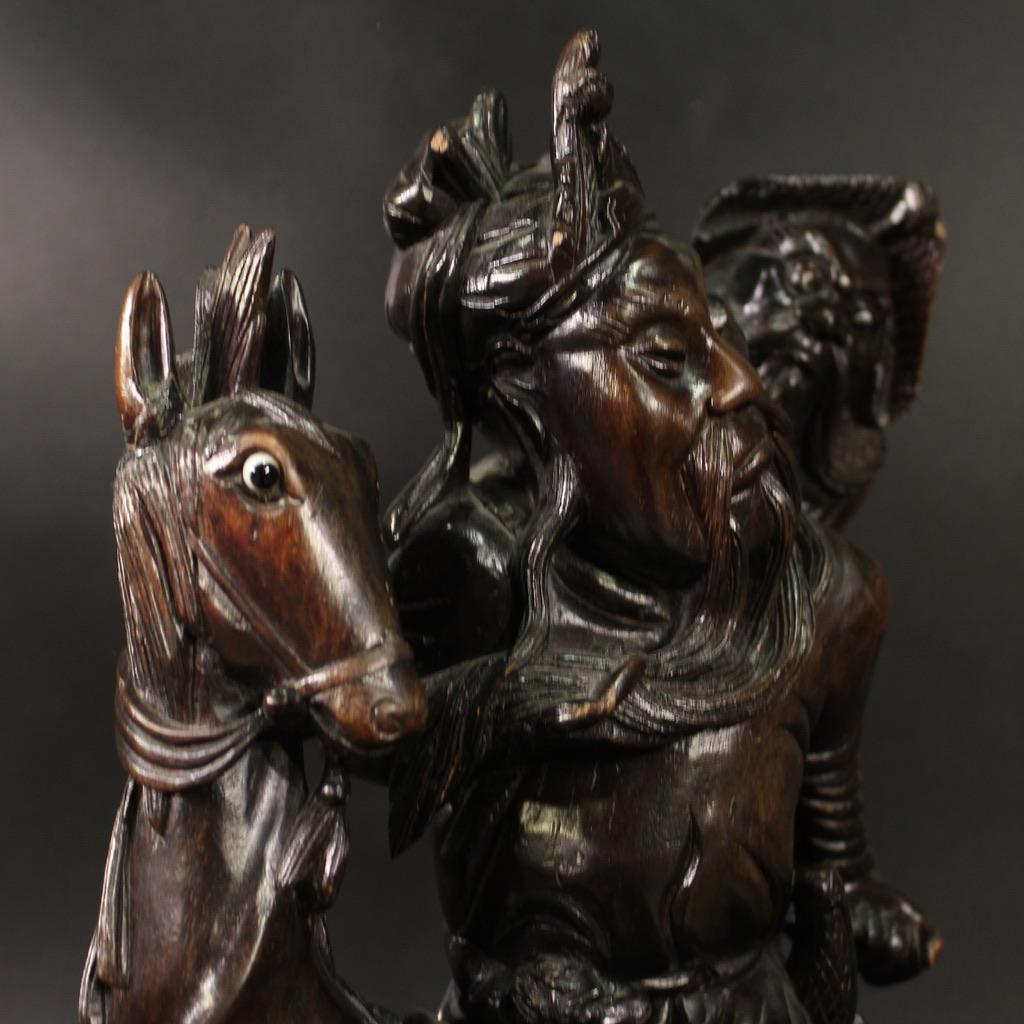 Mid-20th Century 20th Century Exotic Wood Warrior with Horse Oriental Sculpture, 1940s For Sale