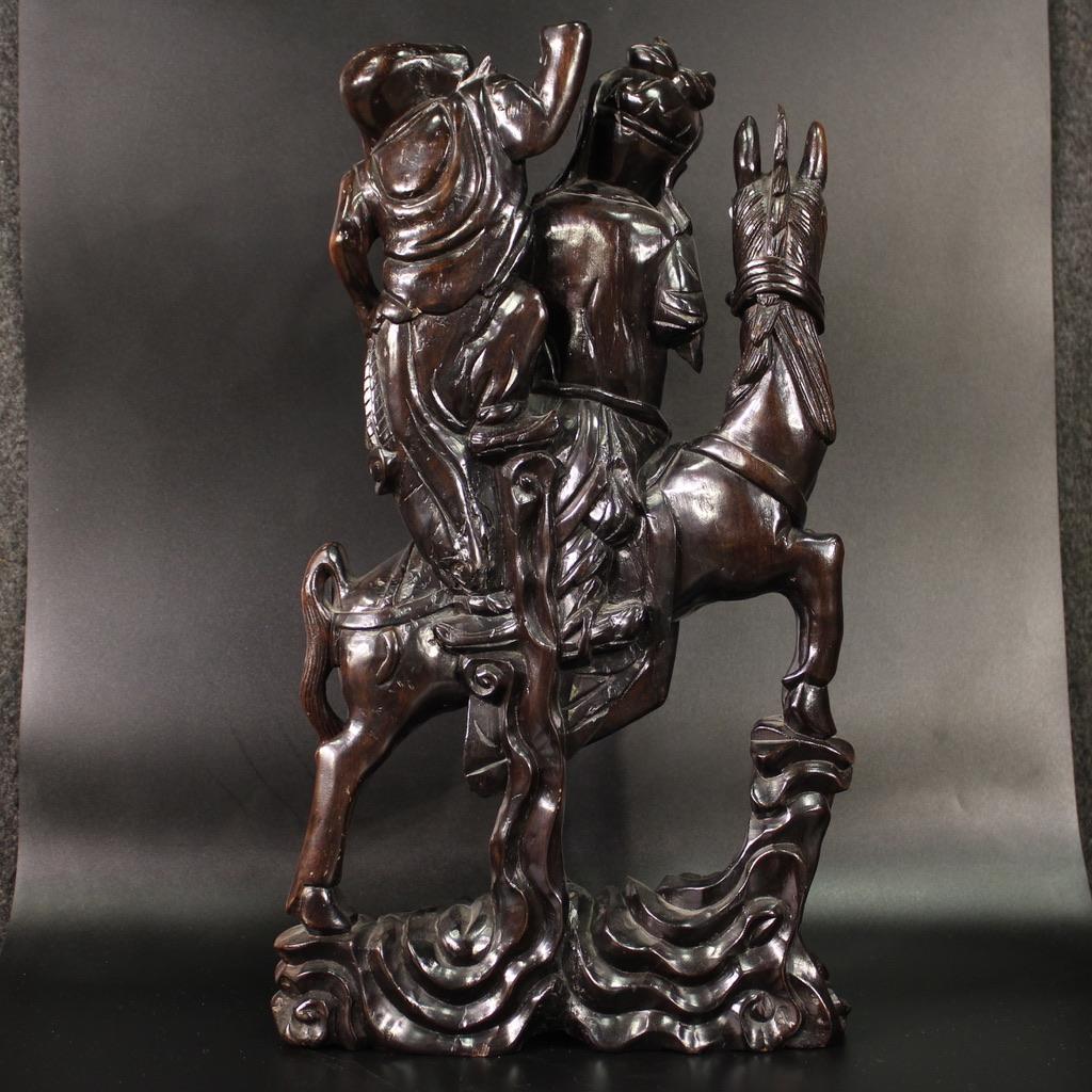 20th Century Exotic Wood Warrior with Horse Oriental Sculpture, 1940s For Sale 1