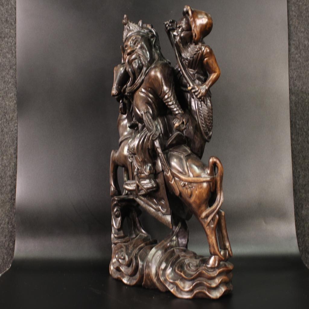 20th Century Exotic Wood Warrior with Horse Oriental Sculpture, 1940s For Sale 2