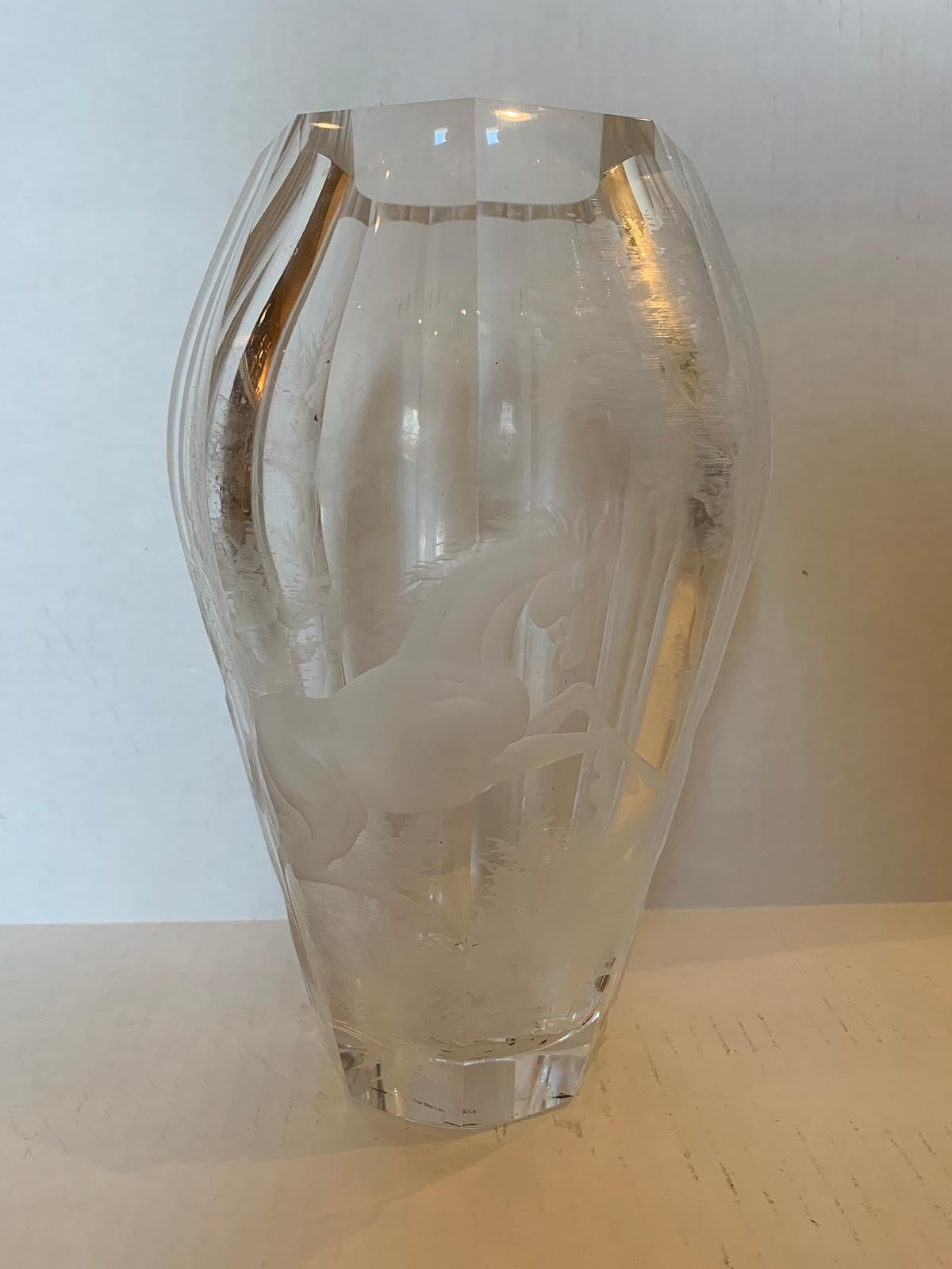 20th century etched crystal vase with horse by Moser, signed.