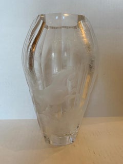 20th Century Etched Crystal Vase with Horse by Moser, Signed