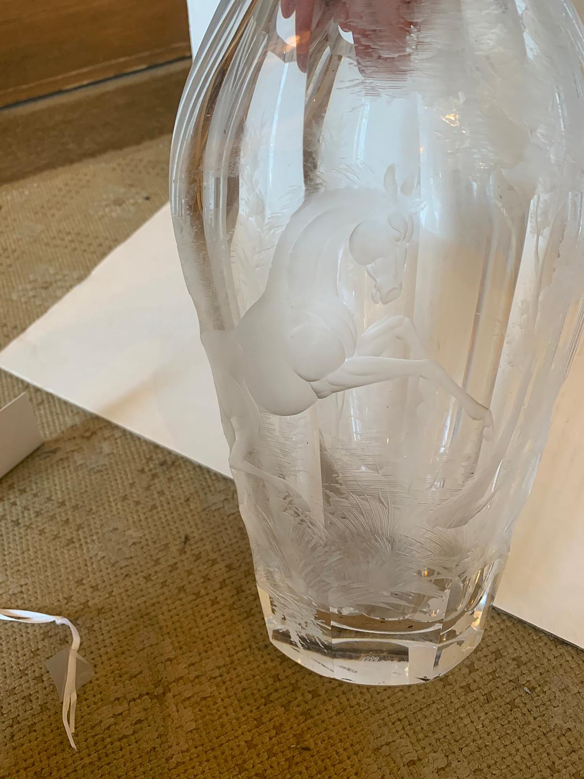 20th Century Etched Crystal Vase with Horse by Moser, Signed For Sale 2