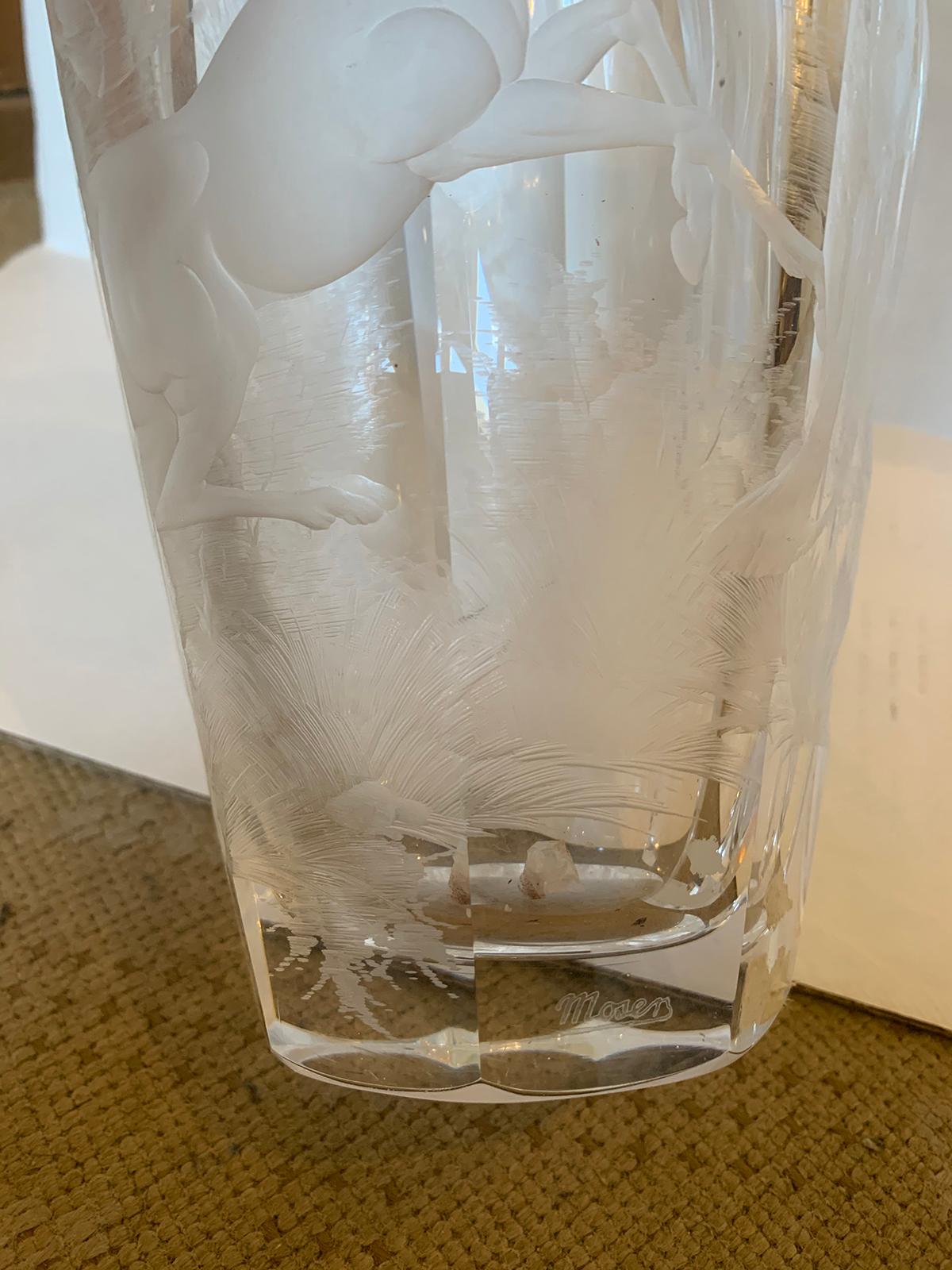 20th Century Etched Crystal Vase with Horse by Moser, Signed For Sale 3
