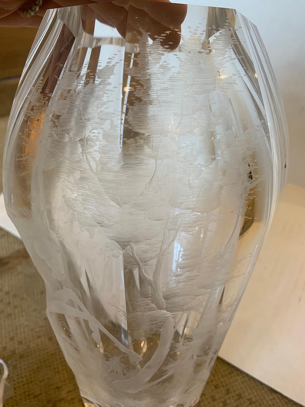 20th Century Etched Crystal Vase with Horse by Moser, Signed For Sale 4