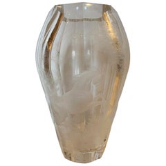 20th Century Etched Crystal Vase with Horse by Moser, Signed