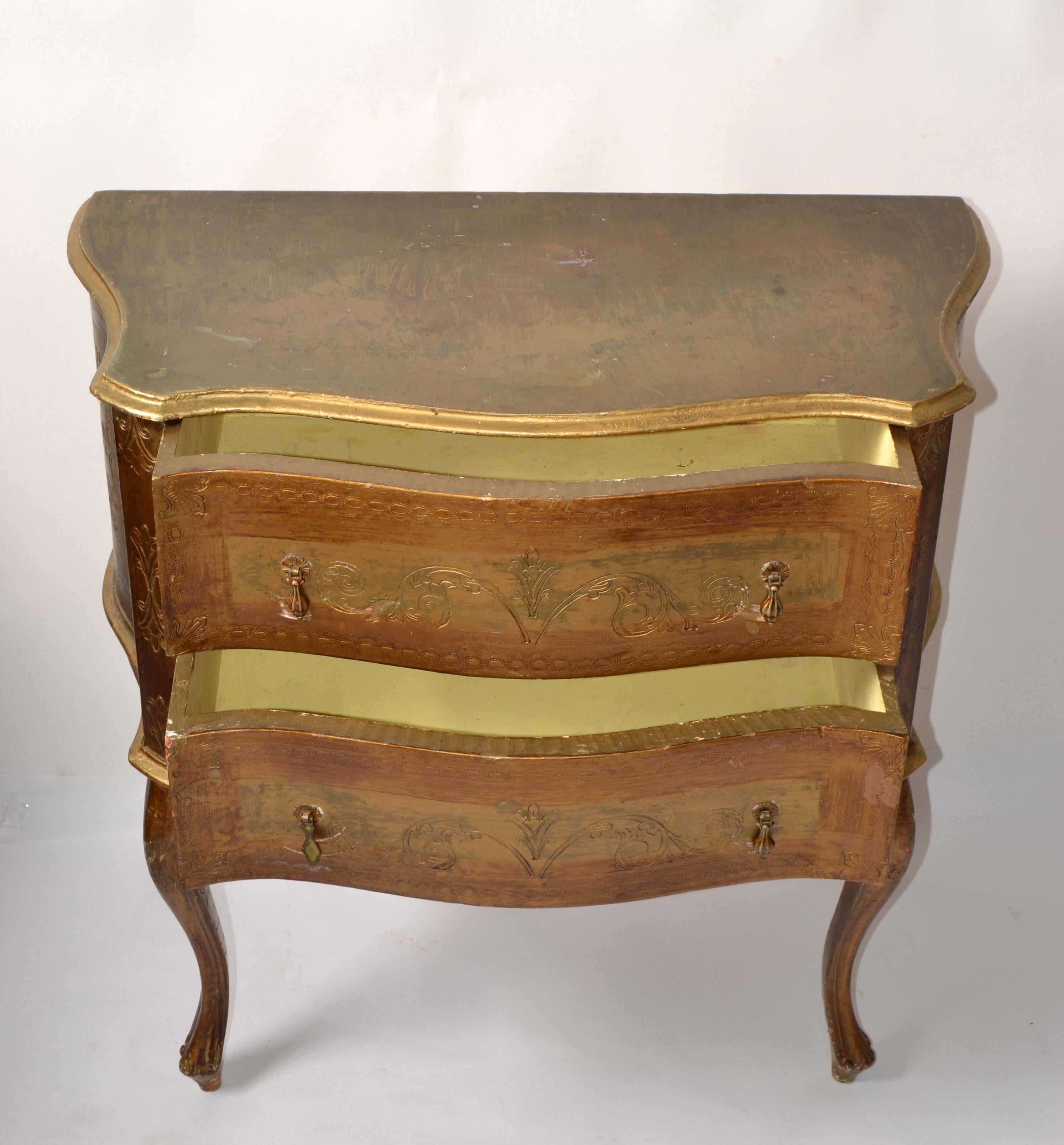 Italian 20th Century Etched Giltwood Florentine 2 Drawers Chest Commode And Brass Pulls  For Sale