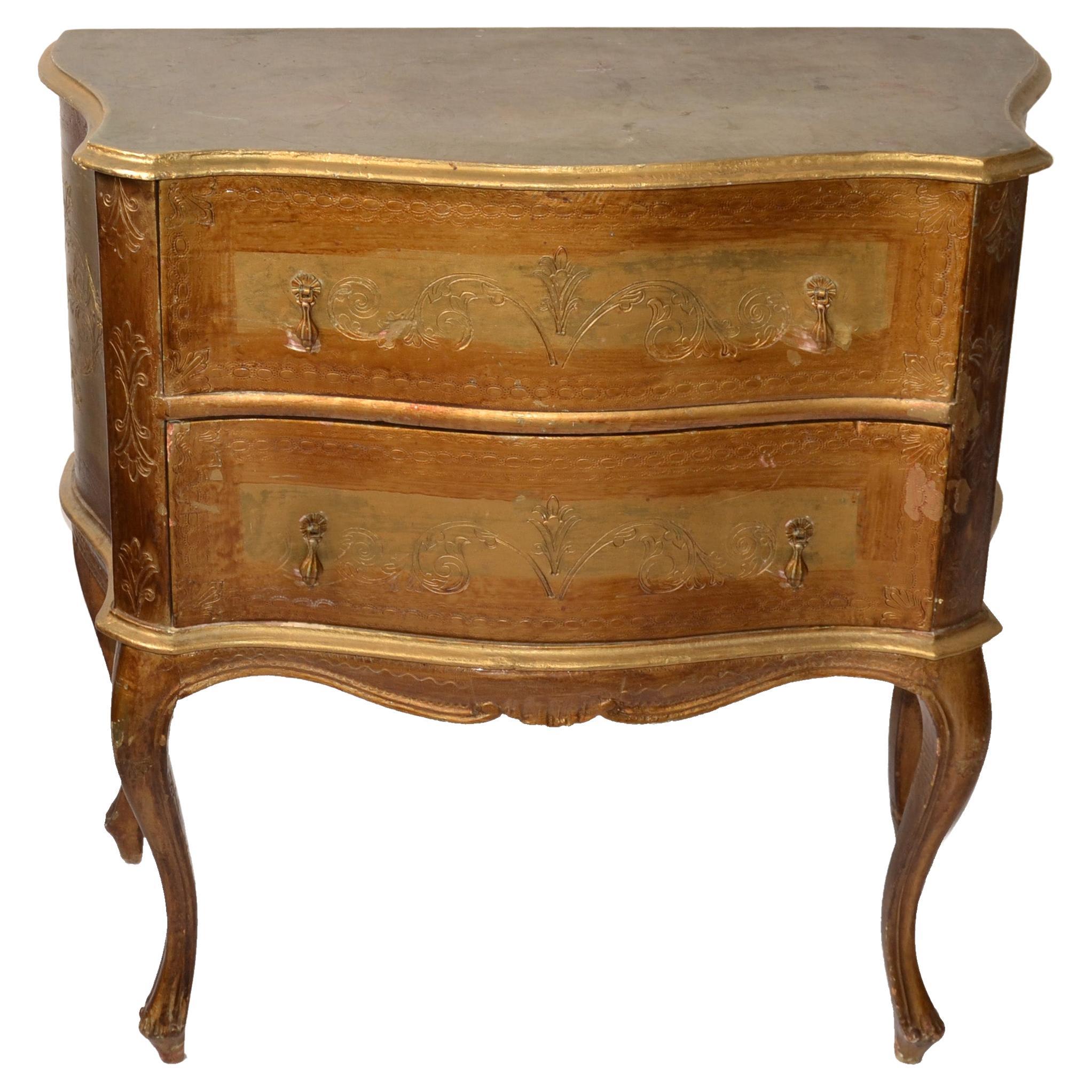 20th Century Etched Giltwood Florentine 2 Drawers Chest Commode And Brass Pulls  For Sale