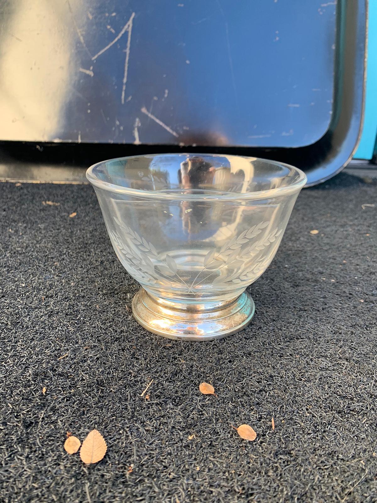 20th century etched glass divided bowl on sterling silver base.