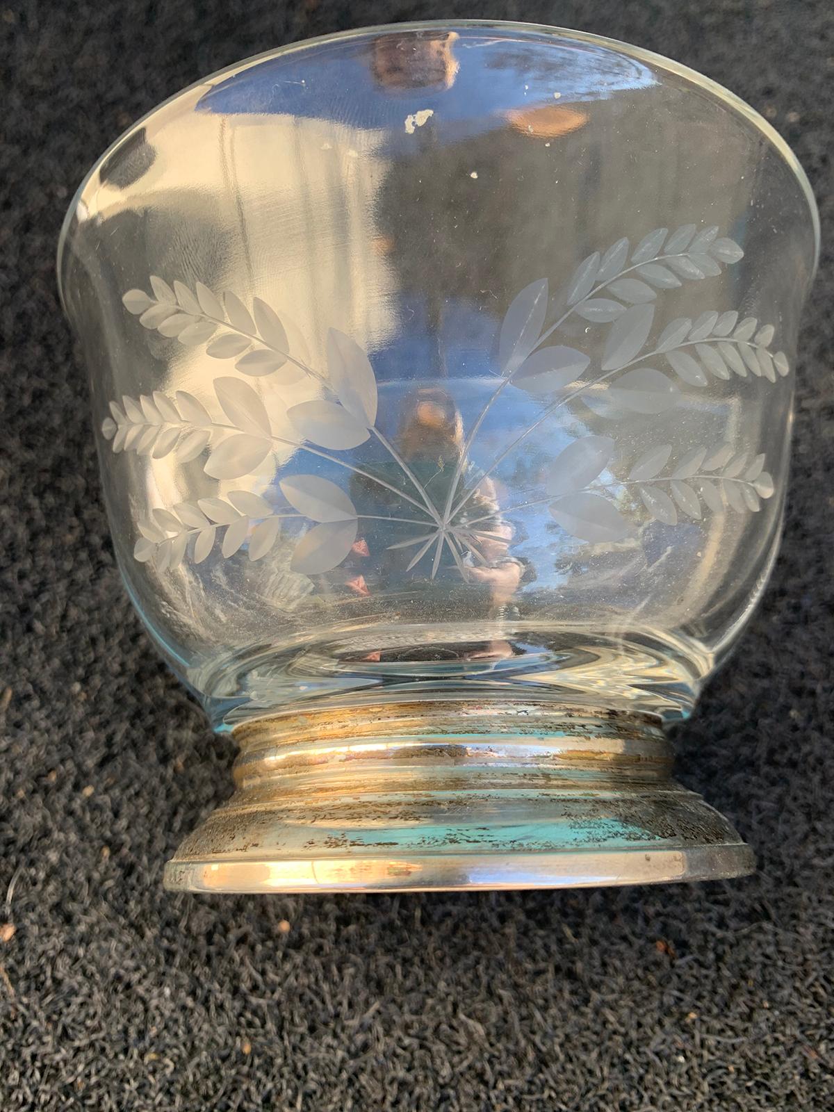 20th Century Etched Glass Divided Bowl on Sterling Silver Base 1