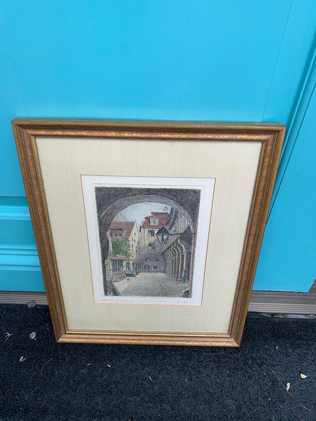 20th Century Etching of Town through Archway in Gilt Frame, Signed Buschbaum For Sale 5