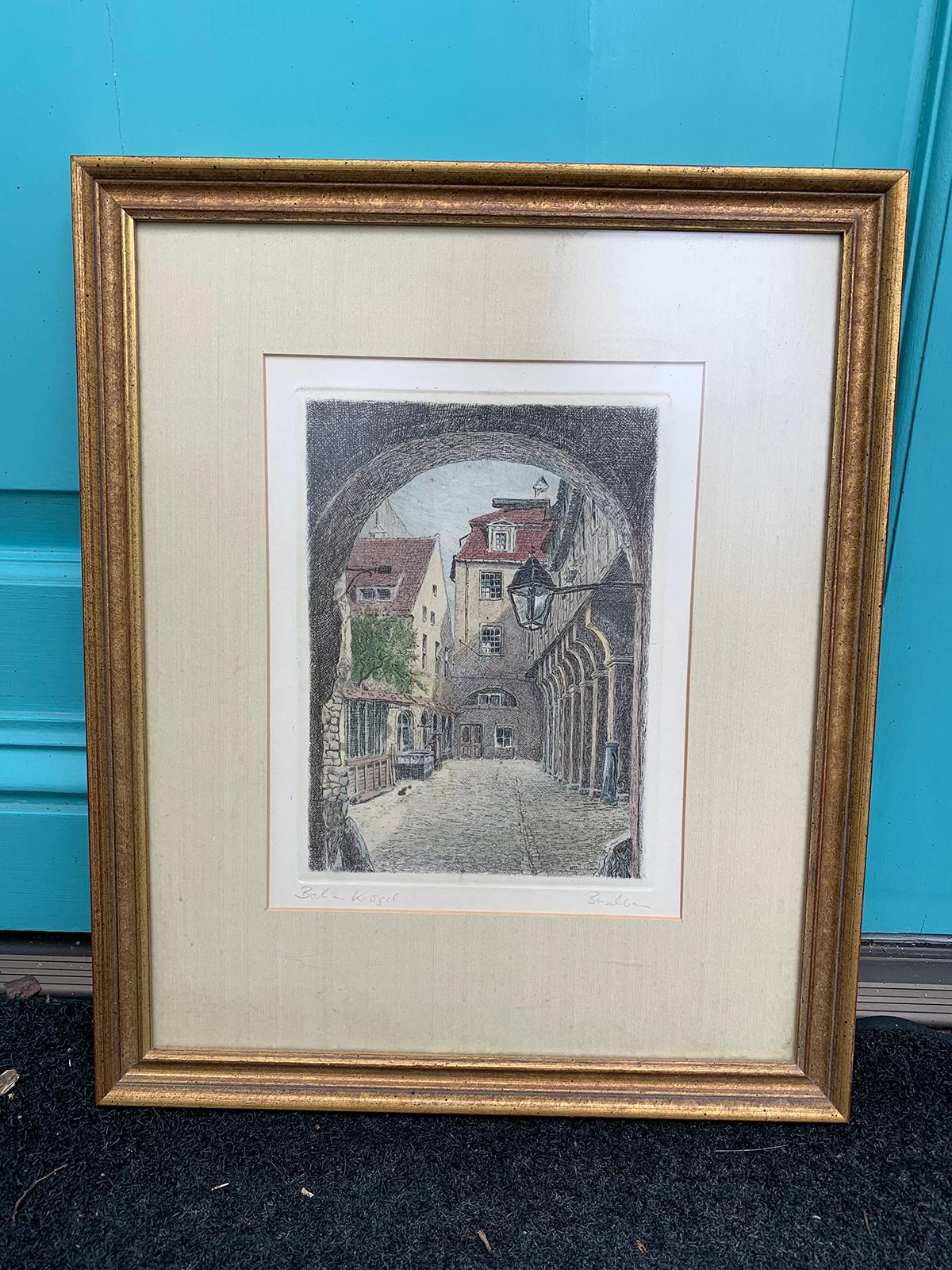 20th Century Etching of Town through Archway in Gilt Frame, Signed Buschbaum In Good Condition For Sale In Atlanta, GA