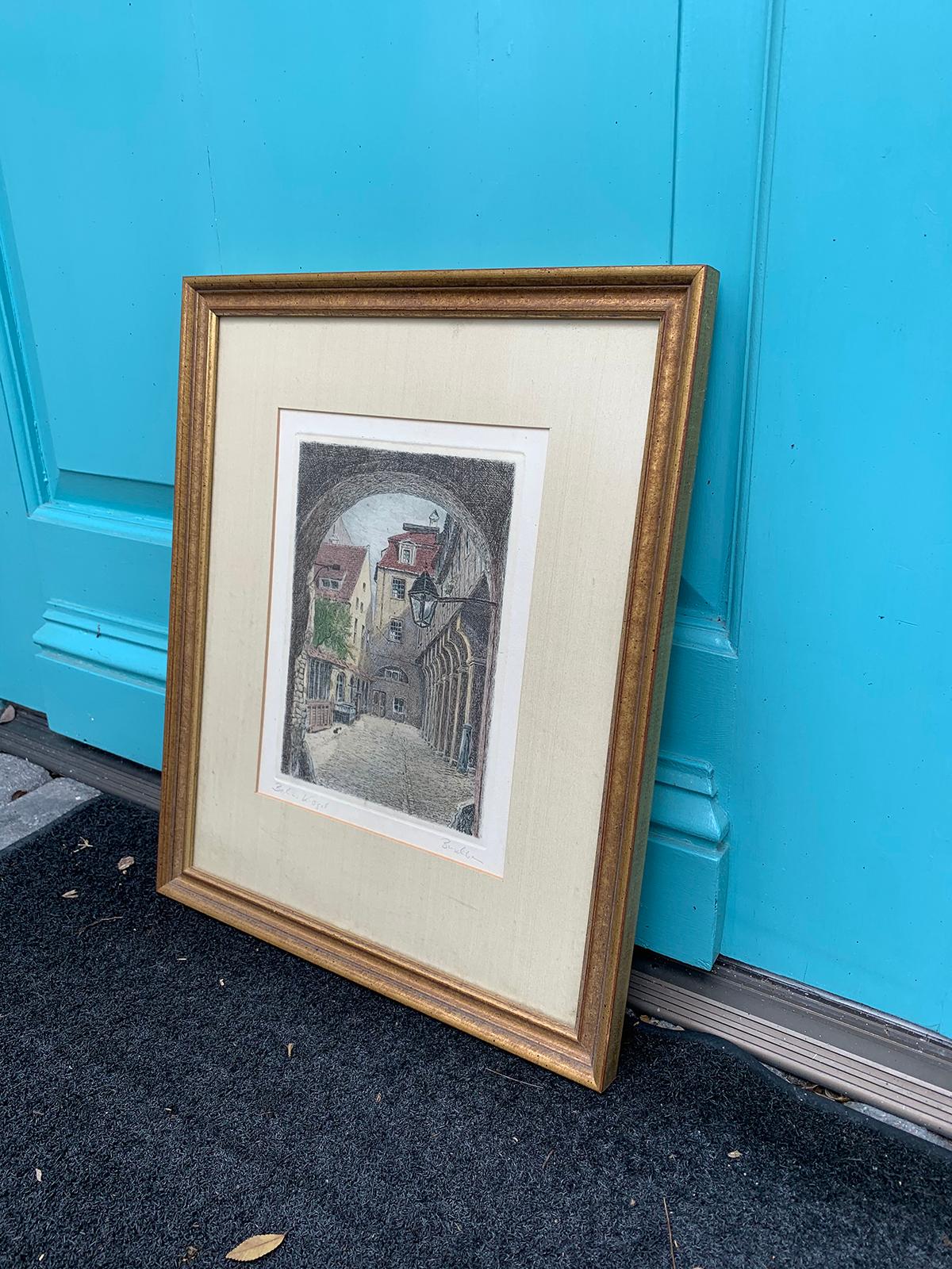 Early 20th Century 20th Century Etching of Town through Archway in Gilt Frame, Signed Buschbaum For Sale