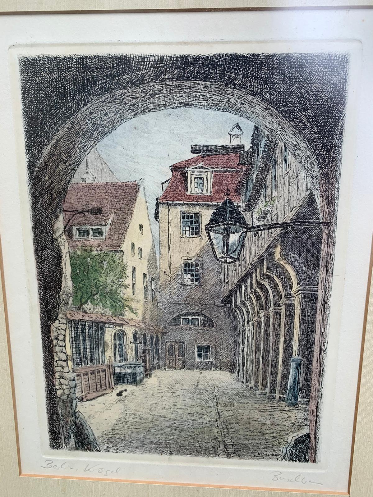 Wood 20th Century Etching of Town through Archway in Gilt Frame, Signed Buschbaum For Sale