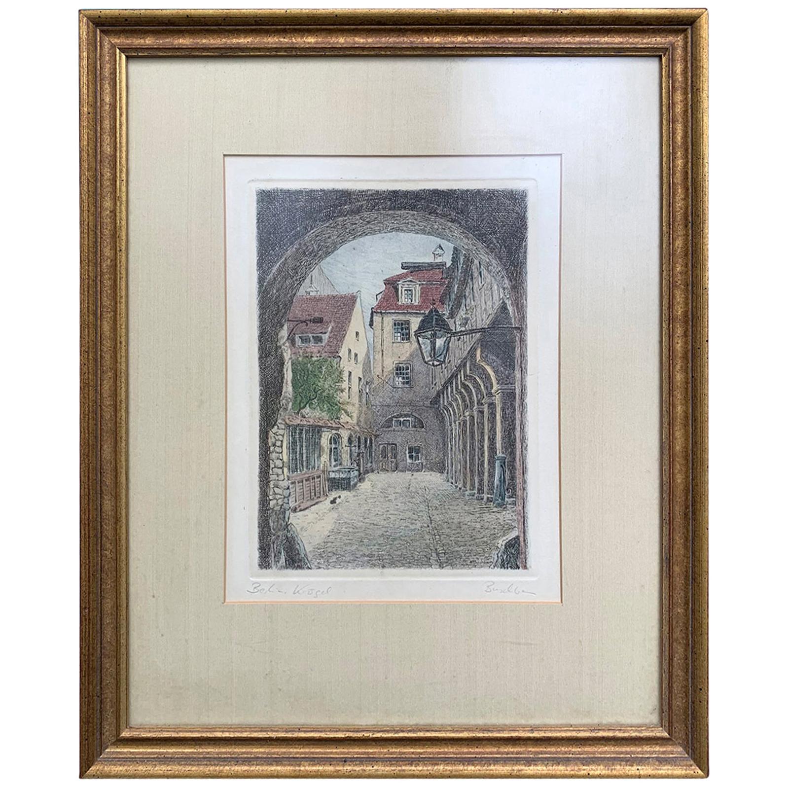 20th Century Etching of Town through Archway in Gilt Frame, Signed Buschbaum For Sale