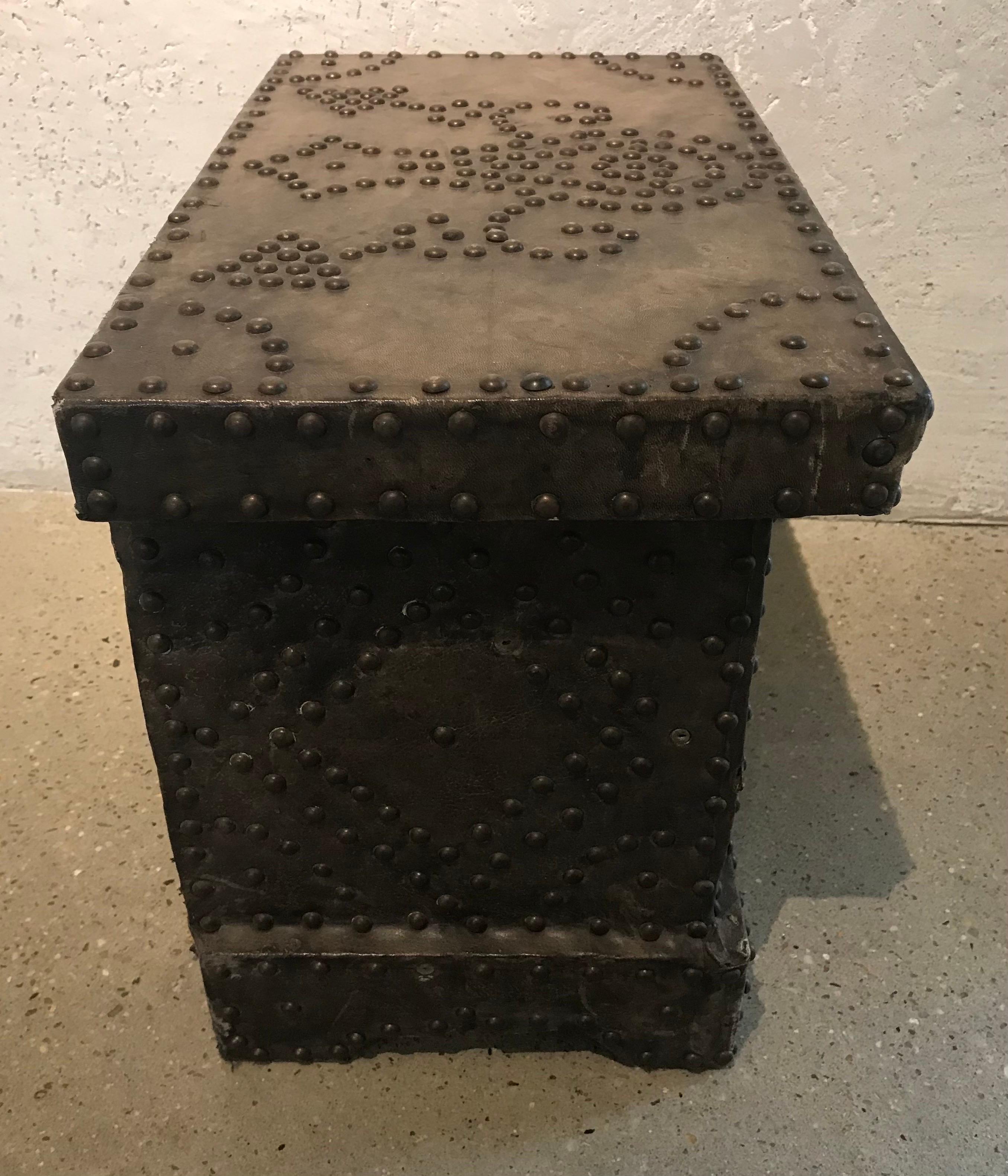20th Century Leather/Wood Studded Metal Trunk/Side Table  For Sale 8