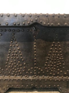 20th Century American Leather/Wood Studded Metal Trunk/Side Table